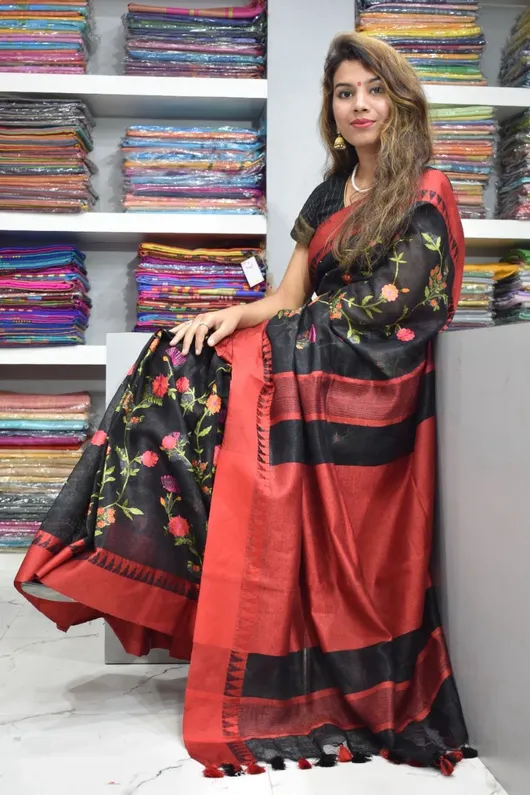 Pure Cotton Linen Saree with Red and Black Floral Print, Tasselled Pallu